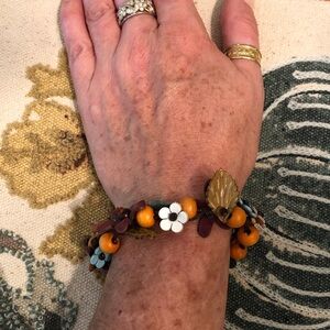 Floral Leather and Wood Bracelet with Orange and White Accents